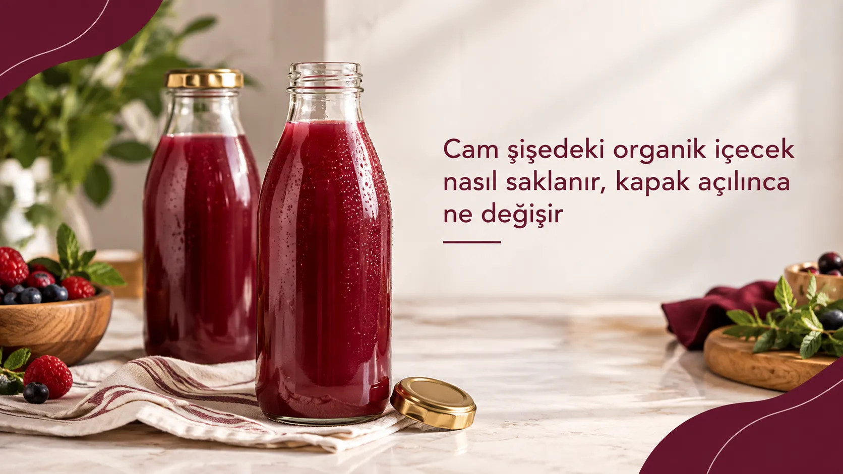 Cam şişedeki organik içecek nasıl saklanır, kapak açılınca ne değişir?